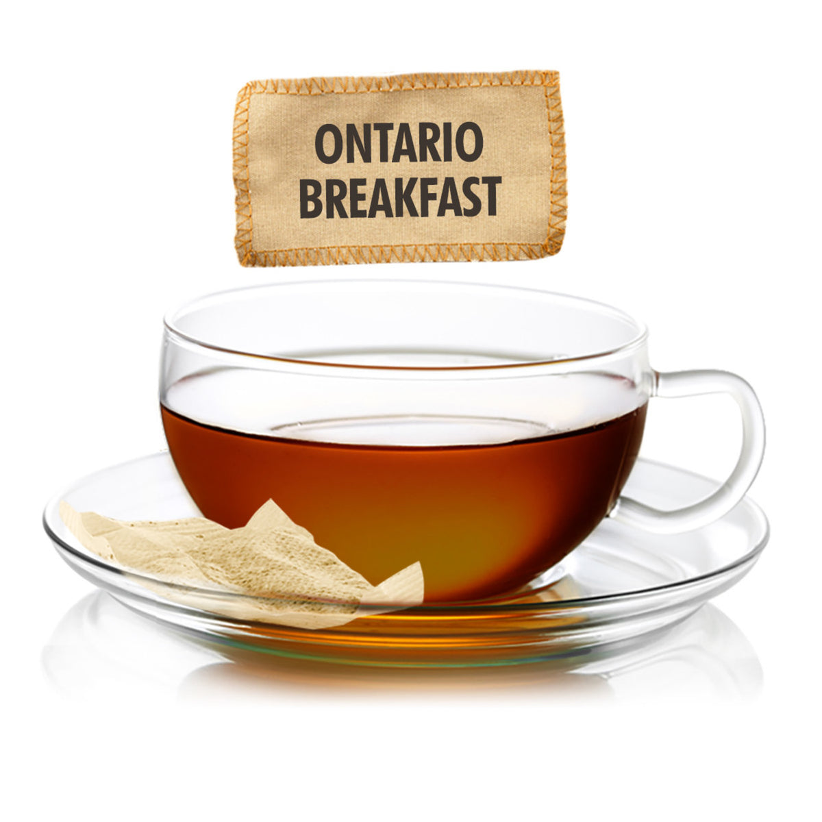 Clear glass cup of dark amber tea with a tea bag labeled 'Ontario Breakfast' on a white background