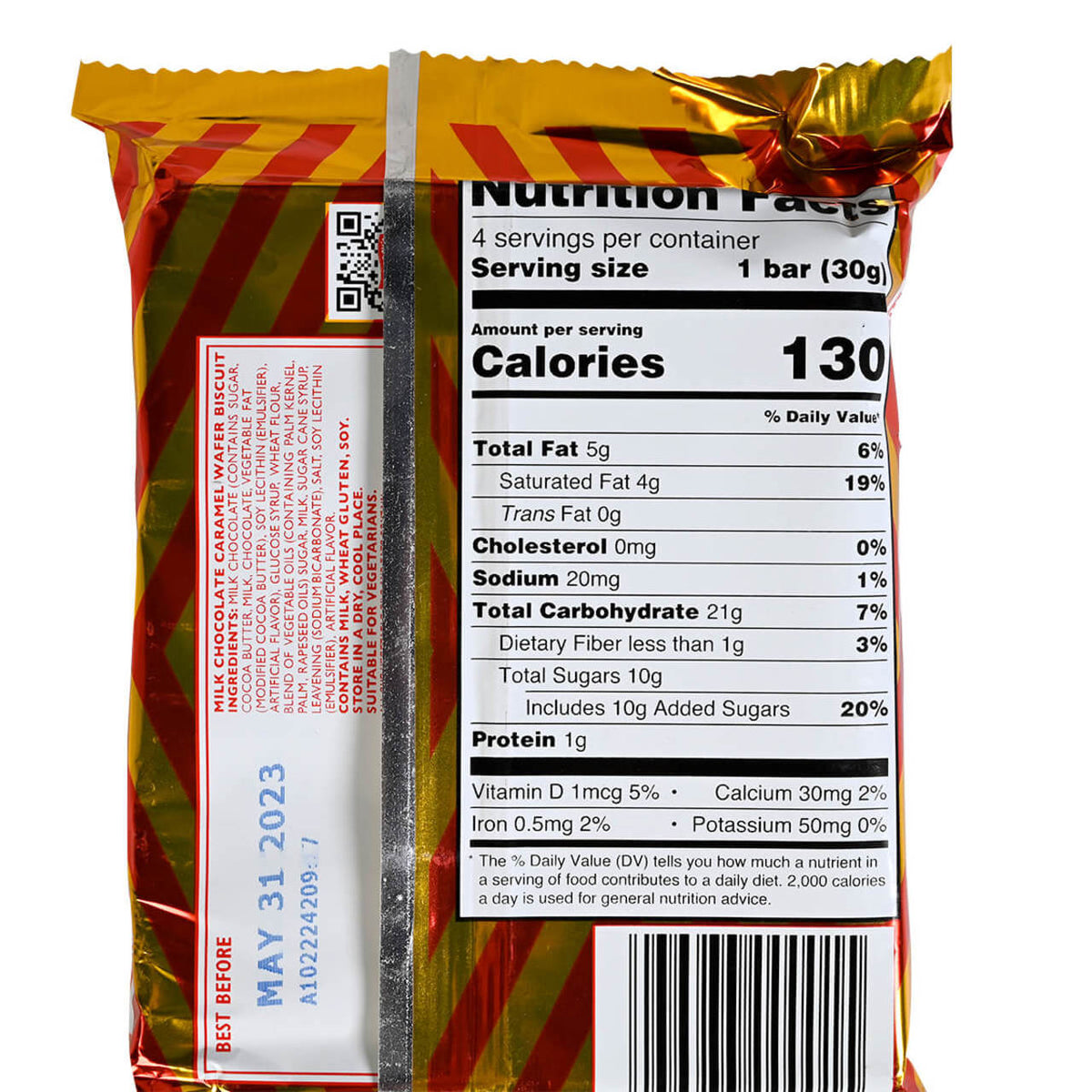 Back side of ap ack of Tunnock's Caramel Wafers featuring nutrition information on a white background
