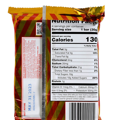 Back side of ap ack of Tunnock's Caramel Wafers featuring nutrition information on a white background