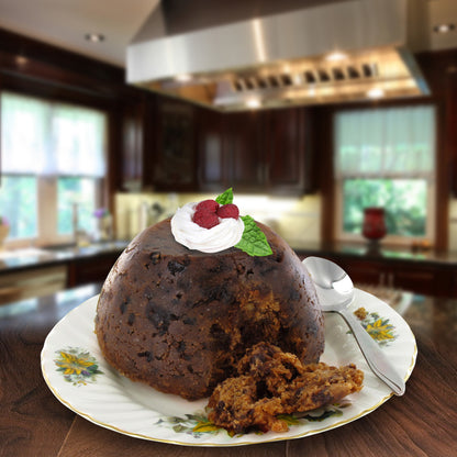 Rich Fruit Pudding super imposed on a kitchen backdrop