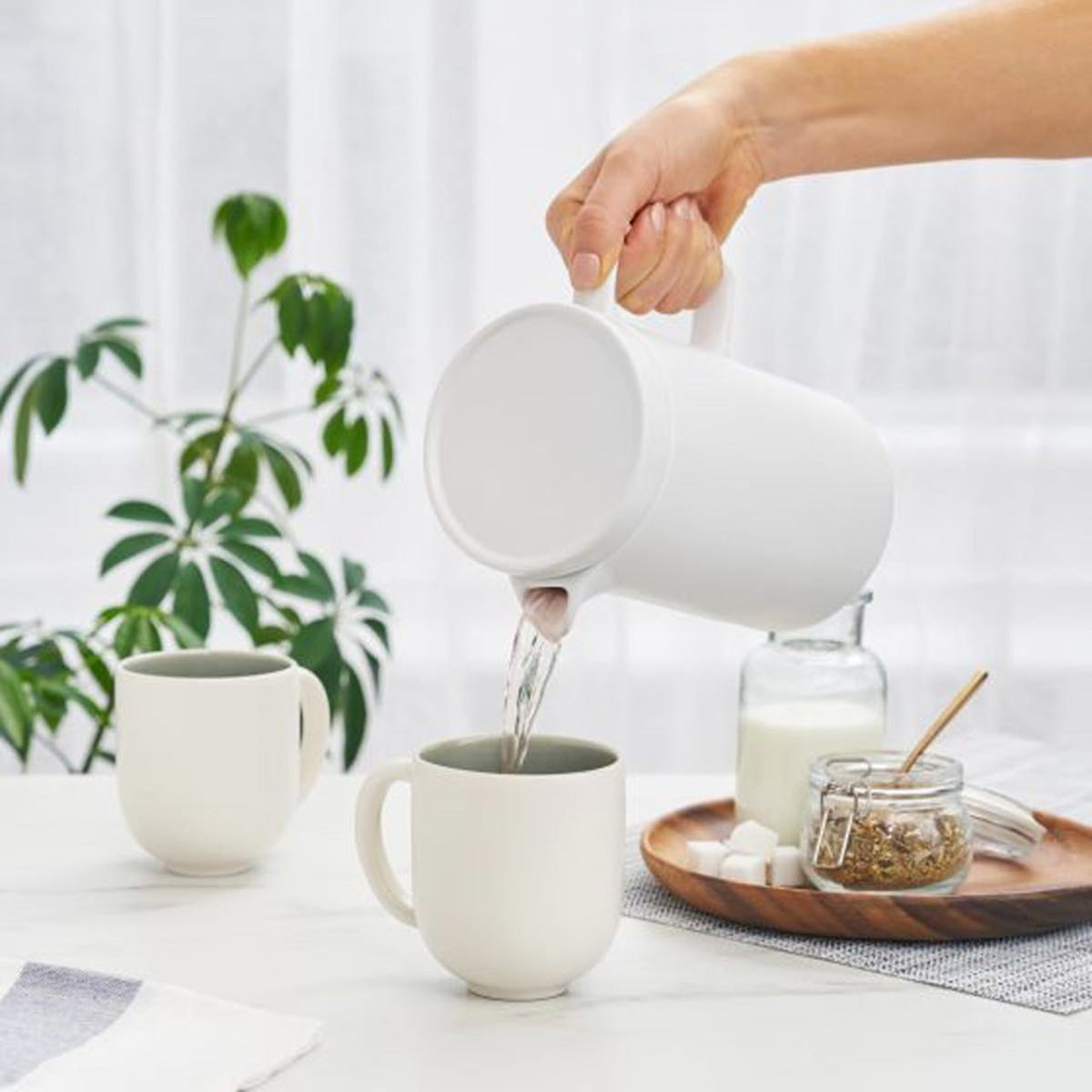 Person pouring liquid from a white pitcher into a white mug on a table with a plant and small items in the background.