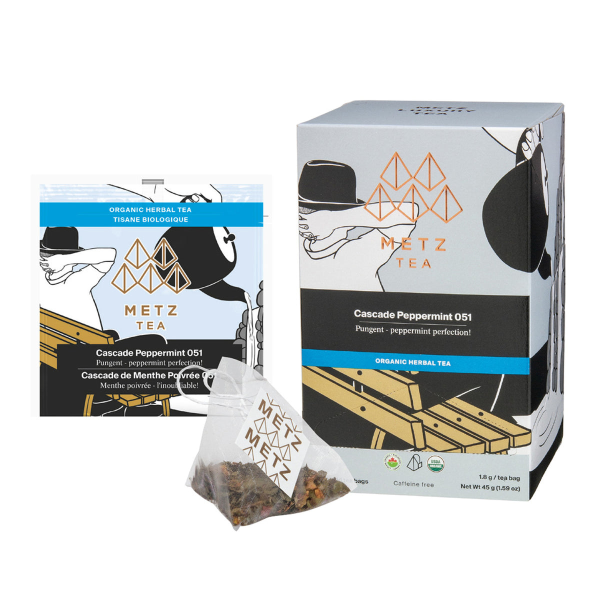 Metz Tea packaging including box, tea bags, and packaging design on a white background