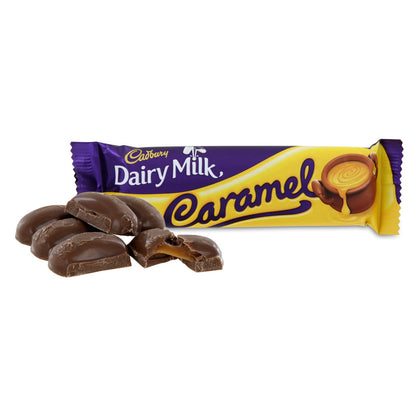 Cadbury Dairy Milk Caramel chocolate bar with pieces on a white background