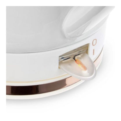 Close-up of a white electric tea kettle with a metallic band on a white background