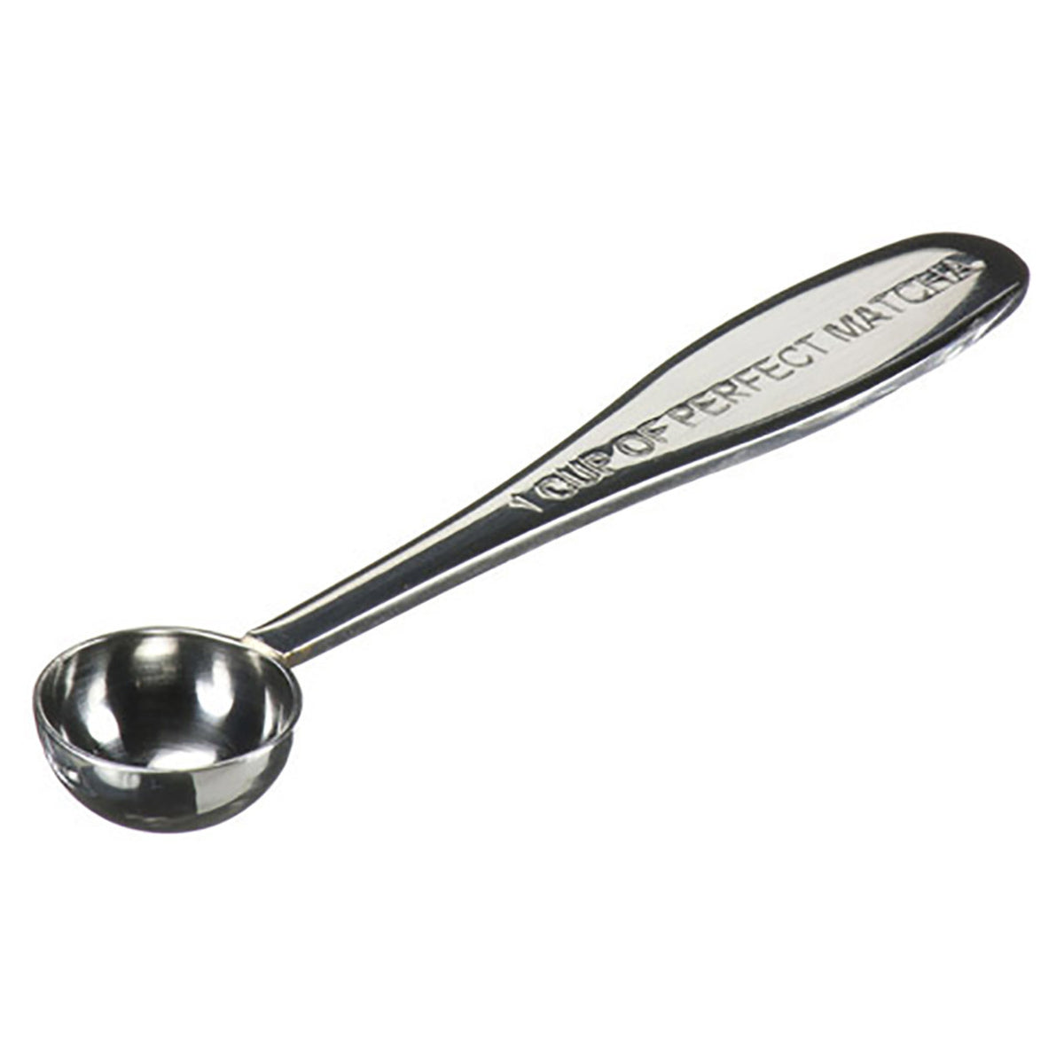 Stainless steel measuring spoon with 'Your Perfect Match' engraving on a white background