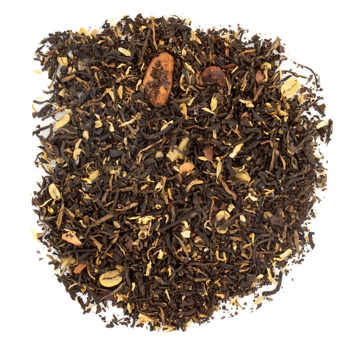 Dry black tea leaves with visible stems on a white background