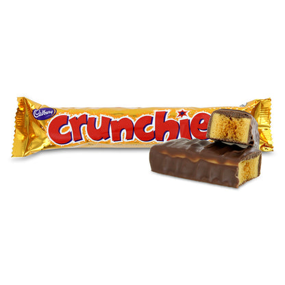 Cadbury Crunchie chocolate bar with packaging on a white background