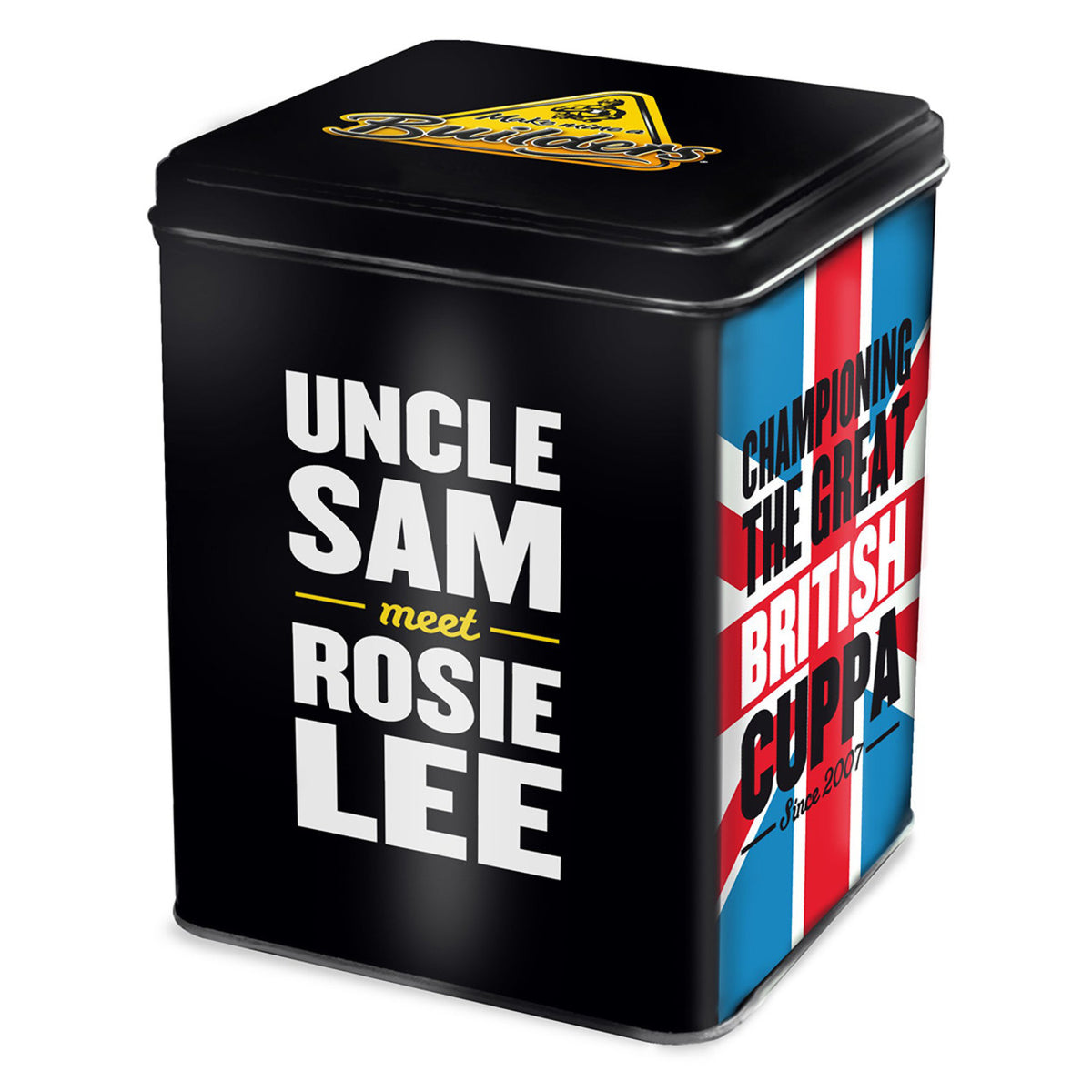 Tin container of Make mind a Builders tea with text and British flag design on a white background