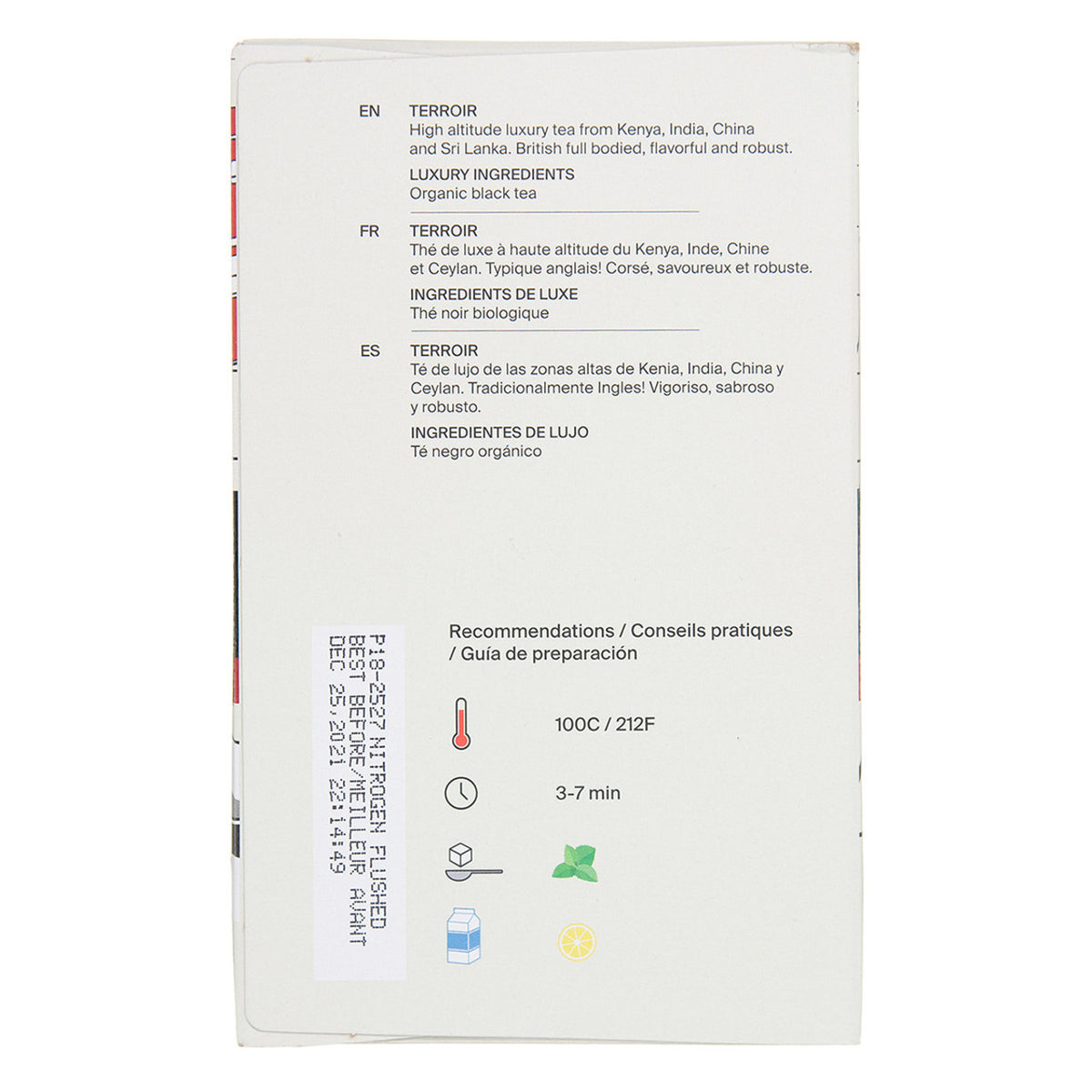 Tea package with text and icons on a white background