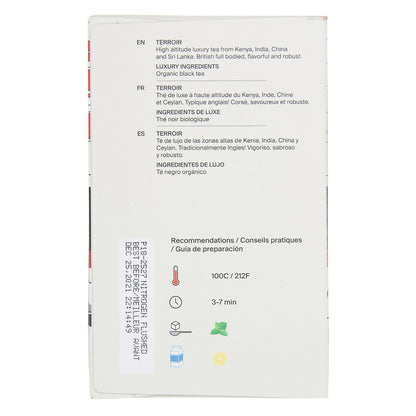 Tea package with text and icons on a white background