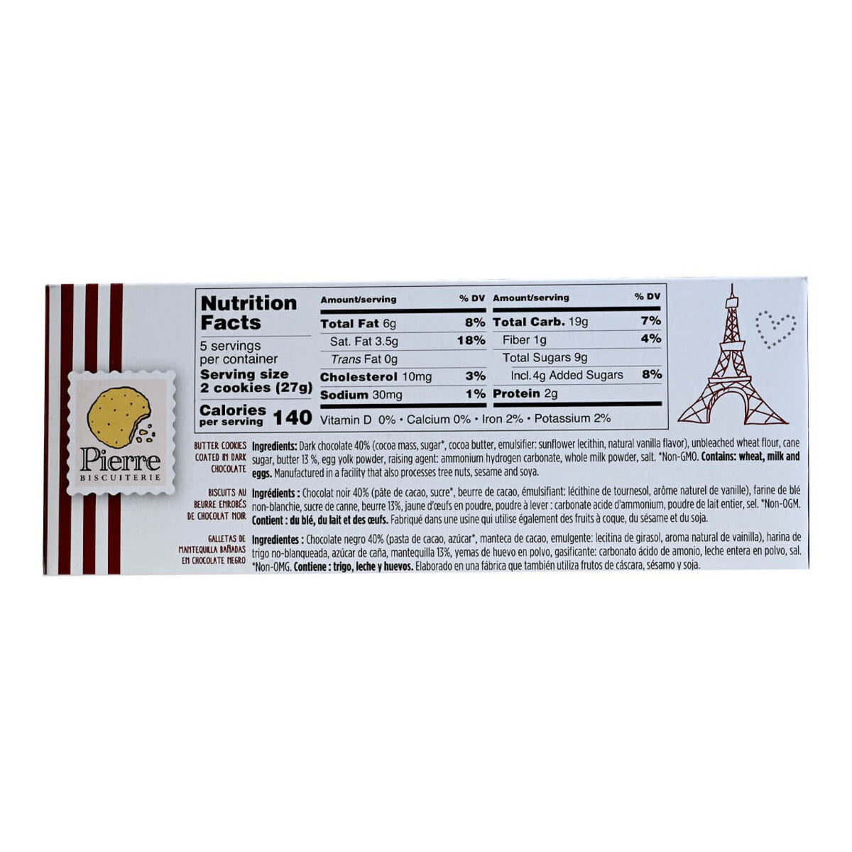 Pierre Biscuiterie Dark Chocolate French Butter Cookies package featuring nutrition facts and ingredients.