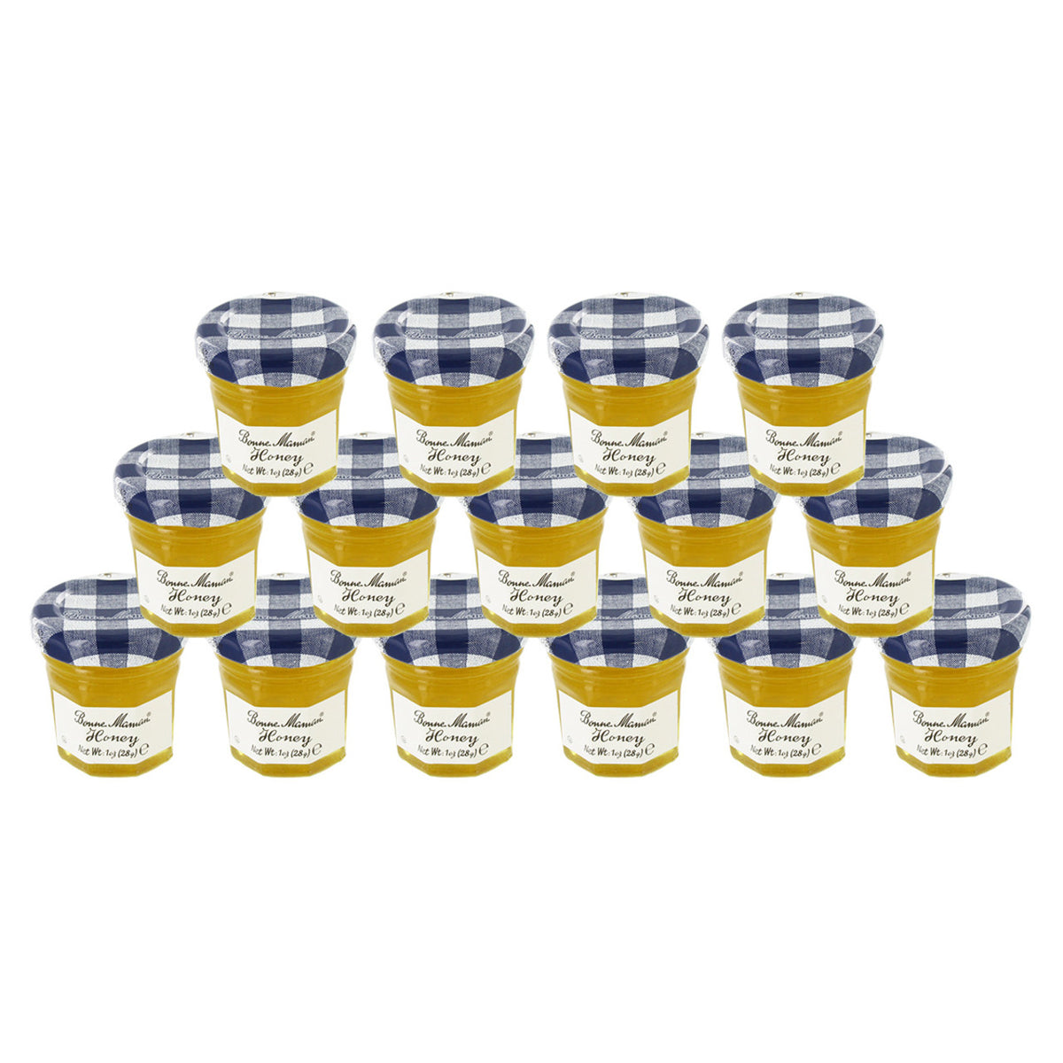 15 small jars of Bonne Maman honey with a plaid lid, labeled as 'Honey' with net weight indicated.