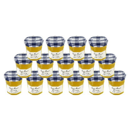 15 small jars of Bonne Maman honey with a plaid lid, labeled as 'Honey' with net weight indicated.