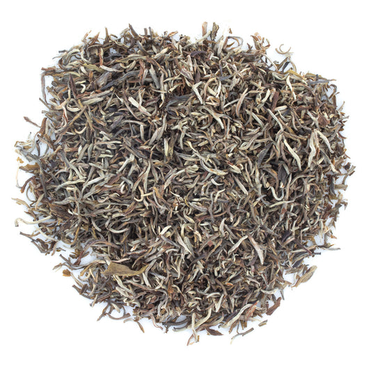 Dry tea loose-leaf white colored tea leaves on a white background