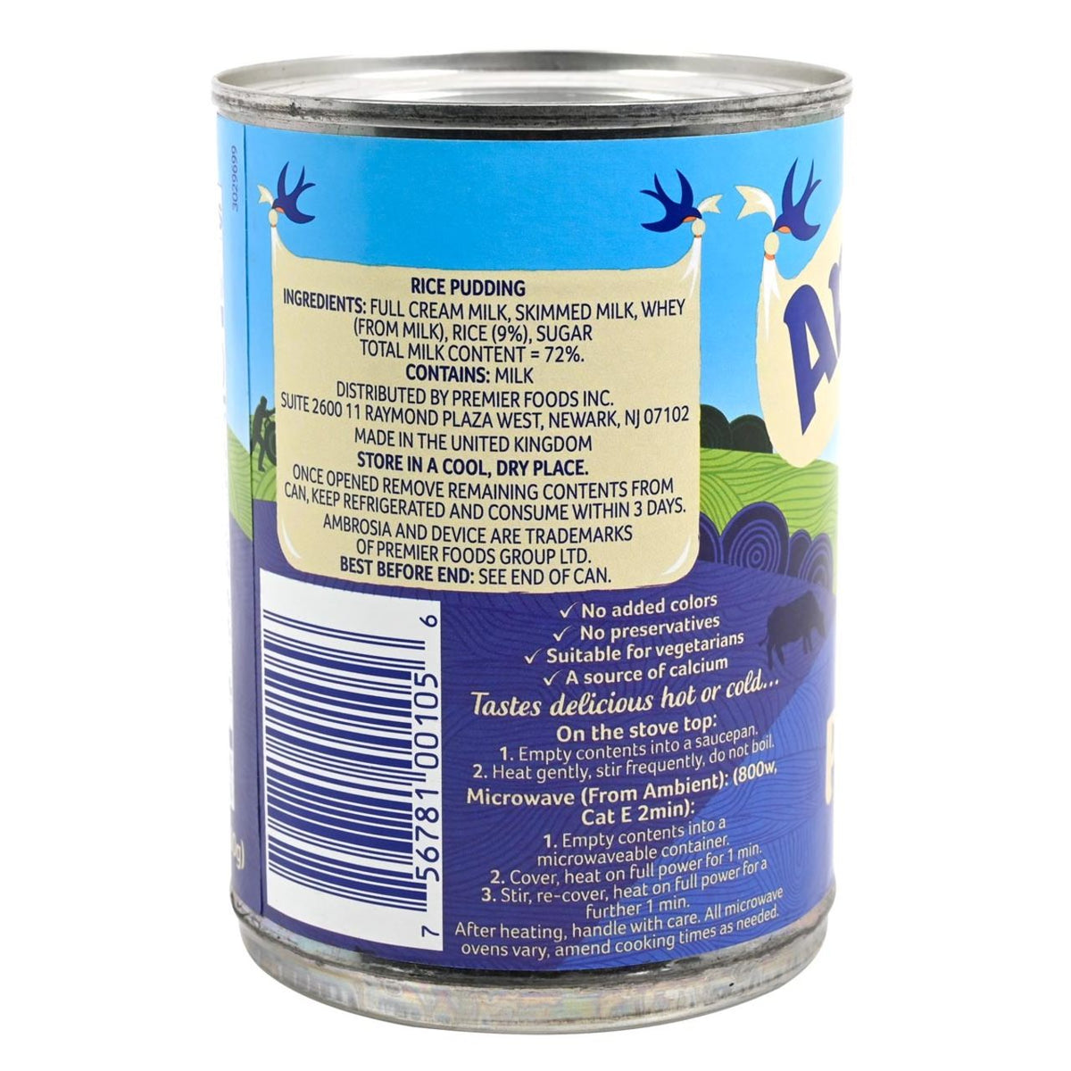 Can of Ambrosia Rice Pudding with blue label and branding on a white background