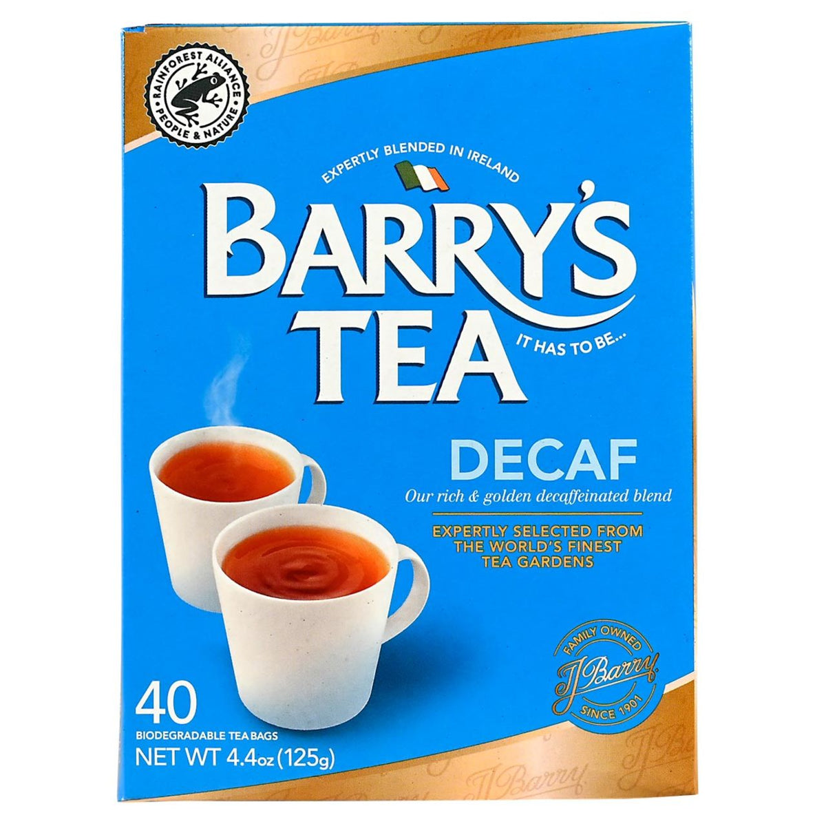 Barry's Decaf tea package with two cups of tea on a blue background