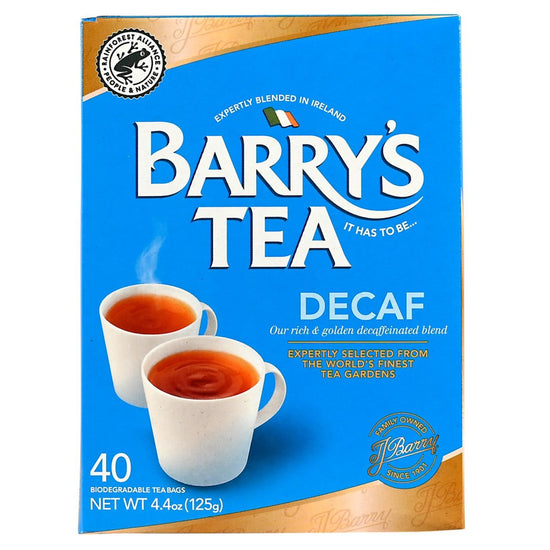 Barry's Decaf tea package with two cups of tea on a blue background