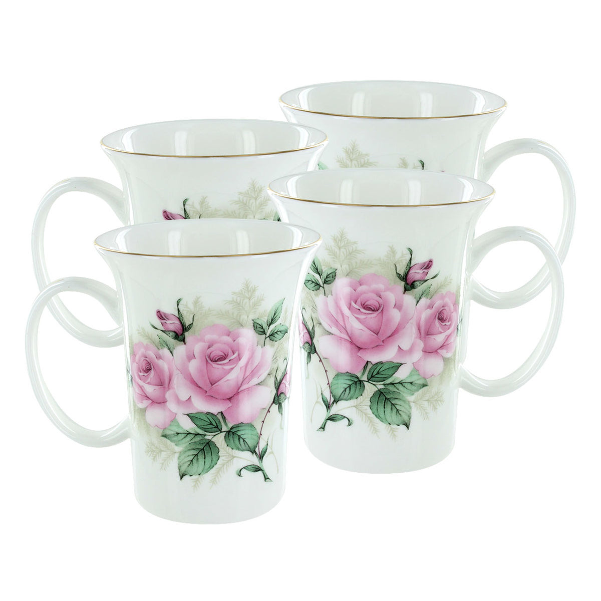 Set of four mugs with floral designs on a white background