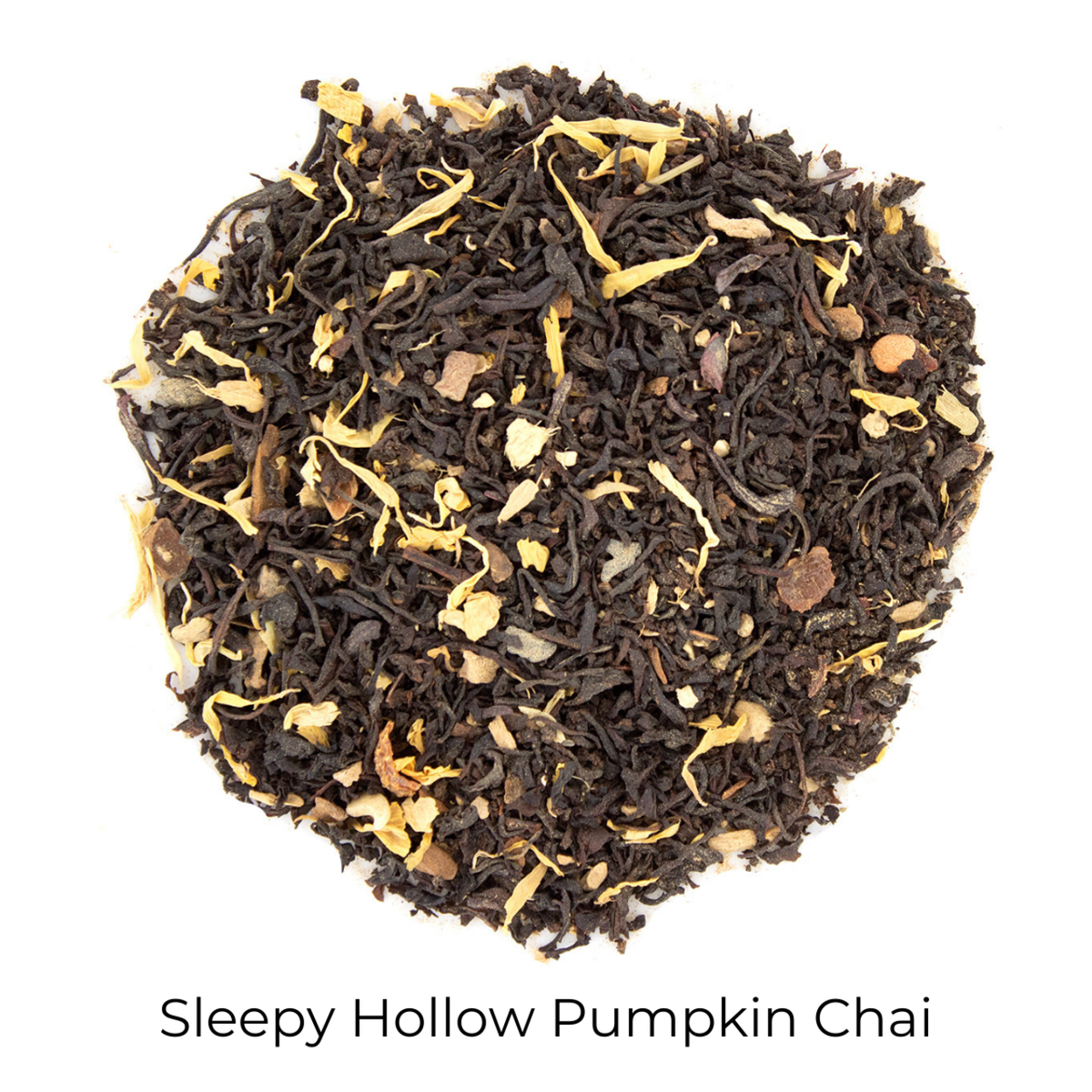 Sleepy Hollow Pumpkin Chai loose-leaf tea in a circular pattern on a white background with product name callout at the bottom