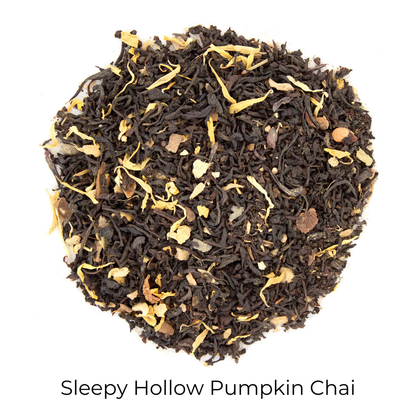 Sleepy Hollow Pumpkin Chai loose-leaf tea in a circular pattern on a white background with product name callout at the bottom