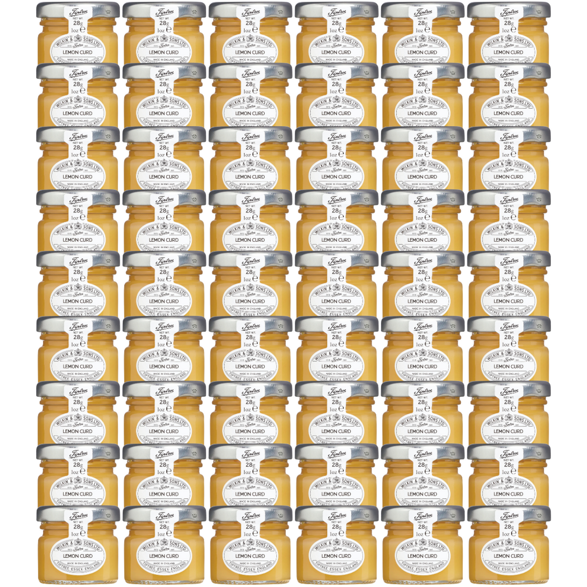 A stack of 54 mini jars of Tiptree Lemon Curd with a label indicating it is made in England, net weight 28g.