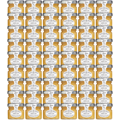A stack of 54 mini jars of Tiptree Lemon Curd with a label indicating it is made in England, net weight 28g.