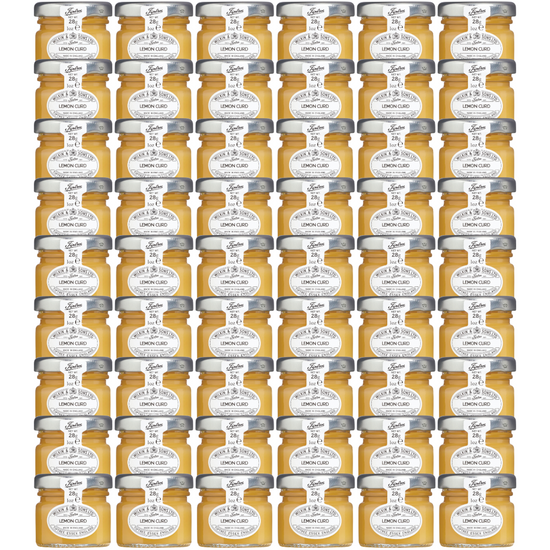 A stack of 54 mini jars of Tiptree Lemon Curd with a label indicating it is made in England, net weight 28g.