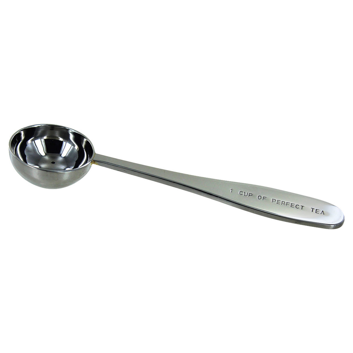 Stainless steel tea scoop with '1 Cup of Perfect Tea' engraving on a white background