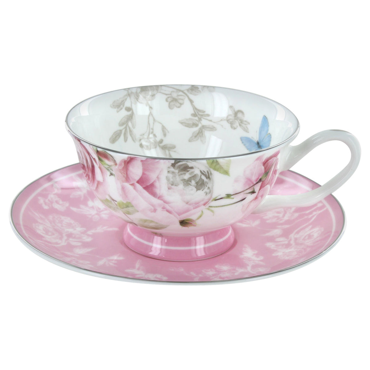 Rose bone teacup and saucer with floral design on a white background