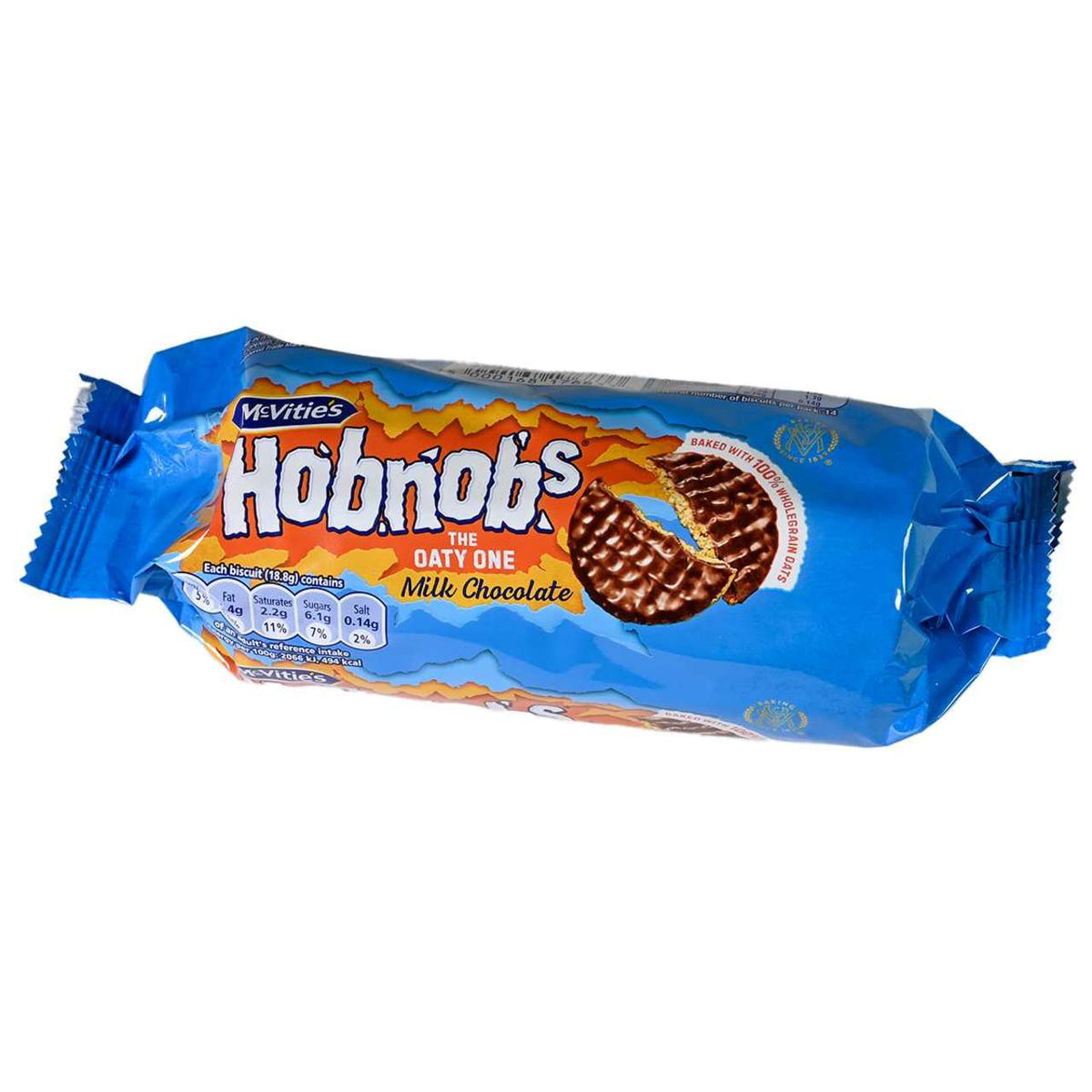 Pack of McVitie's Hobnobs milk chocolate cookies on a white background
