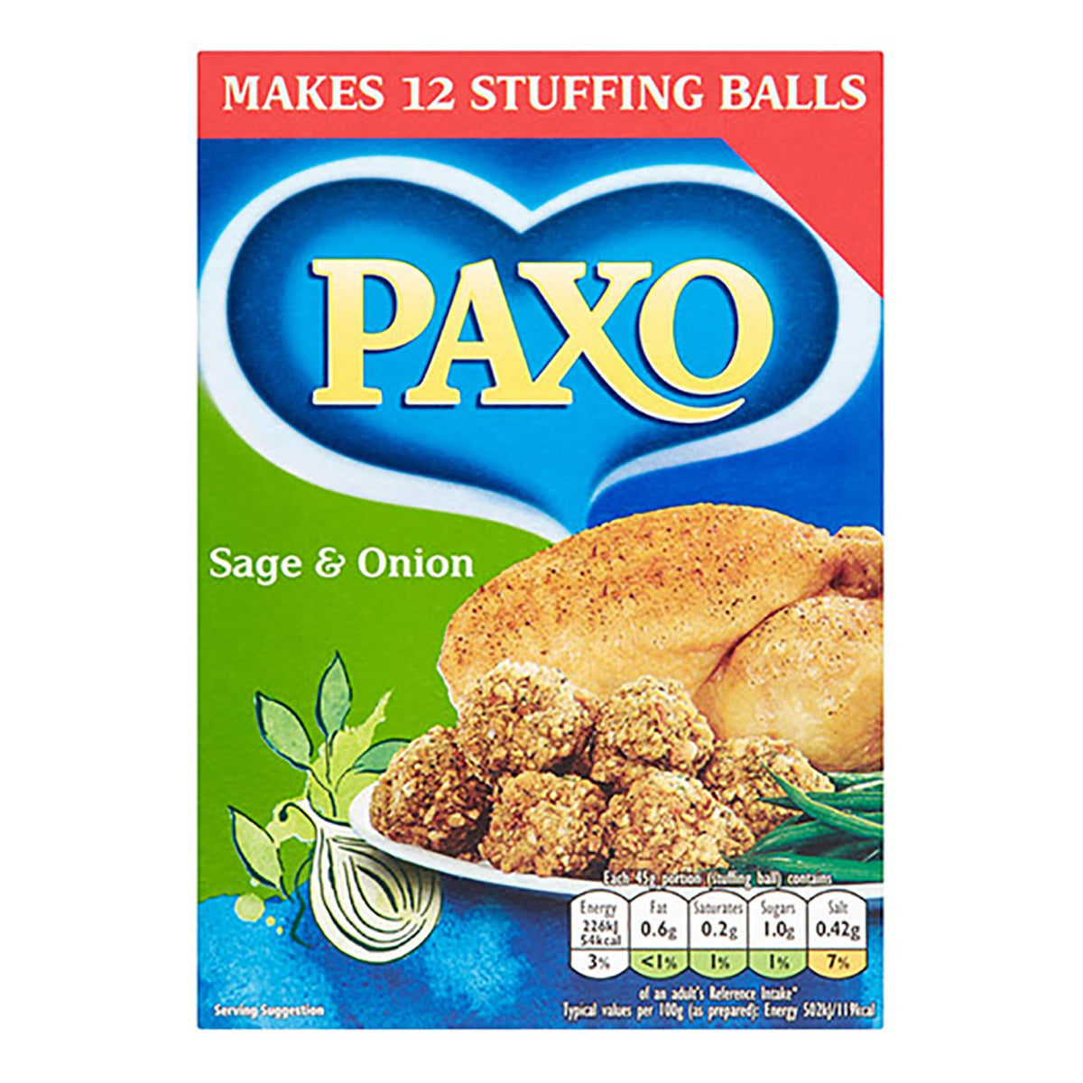 Paxo Sage & Onion stuffing mix packaging with a chicken and stuffing balls on a white background