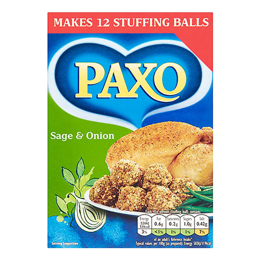 Paxo Sage & Onion stuffing mix packaging with a chicken and stuffing balls on a white background