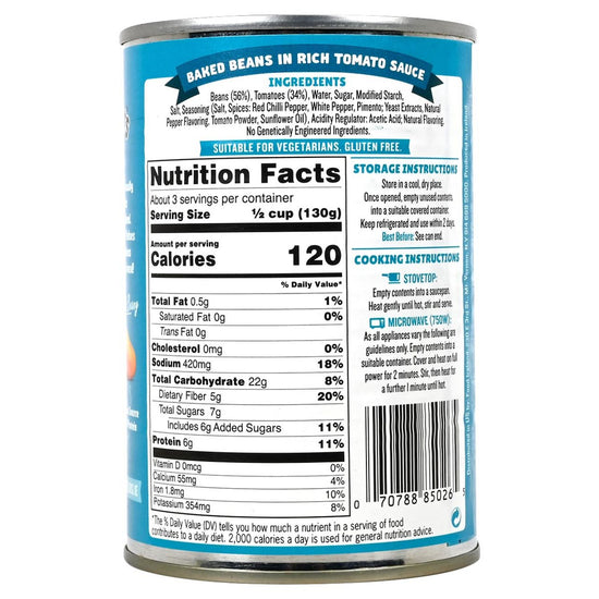 Batchelor's Beans in Tomato Sauce can with nutrition facts label all on a white background.