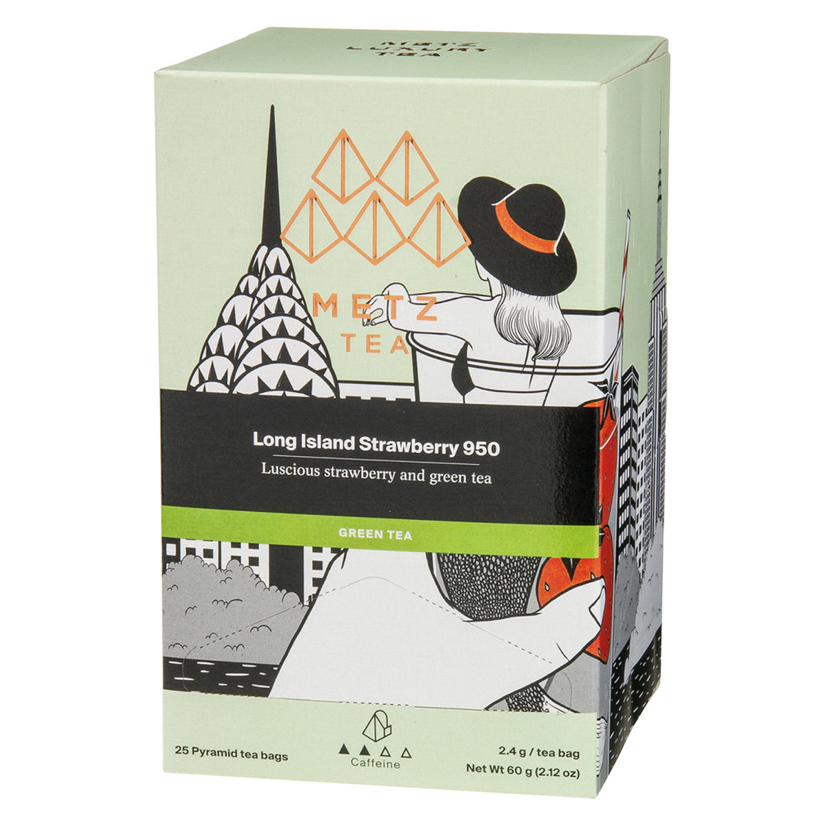 A box of Metz Long Island 950 Strawberry Green tea featuring a drawing of a woman in a hat looking at the top of the Empire State Building.