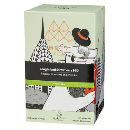 A box of Metz Long Island 950 Strawberry Green tea featuring a drawing of a woman in a hat looking at the top of the Empire State Building.
