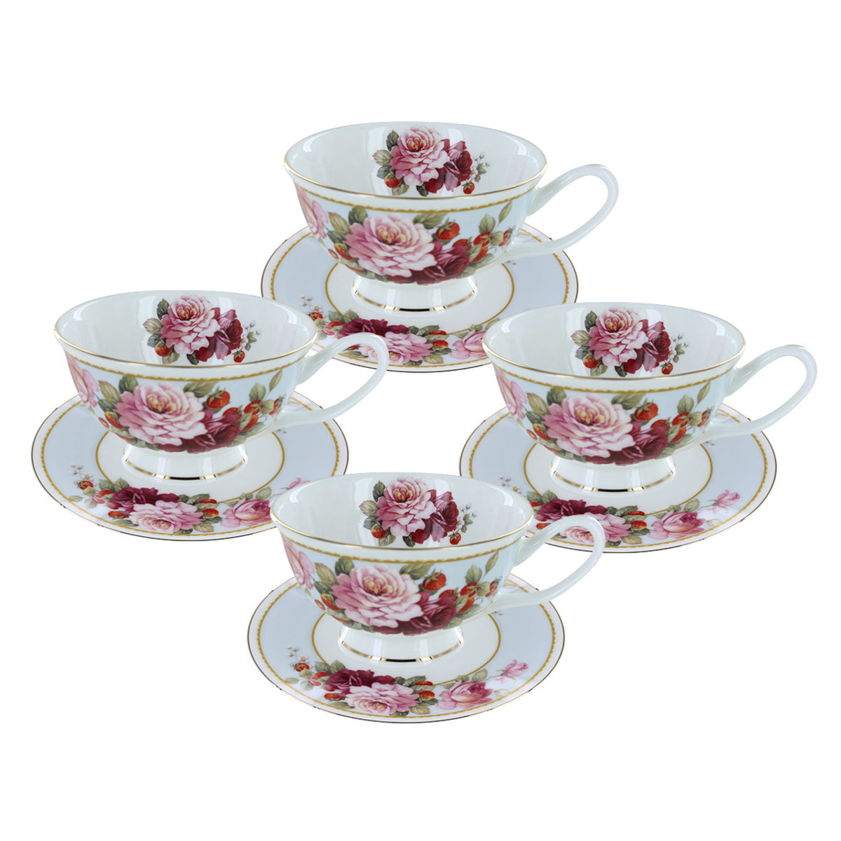 Set of four bone china floral teacups and saucers on a white background