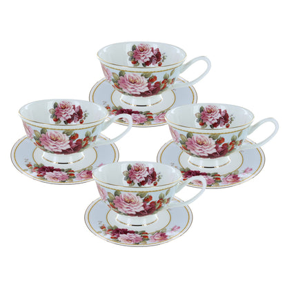 Set of four bone china floral teacups and saucers on a white background