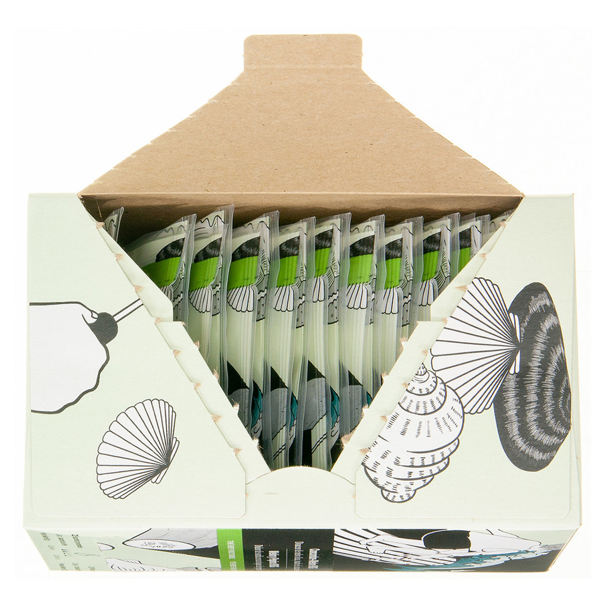 Box of Metz tea opened to show the individual tea bag packages inside