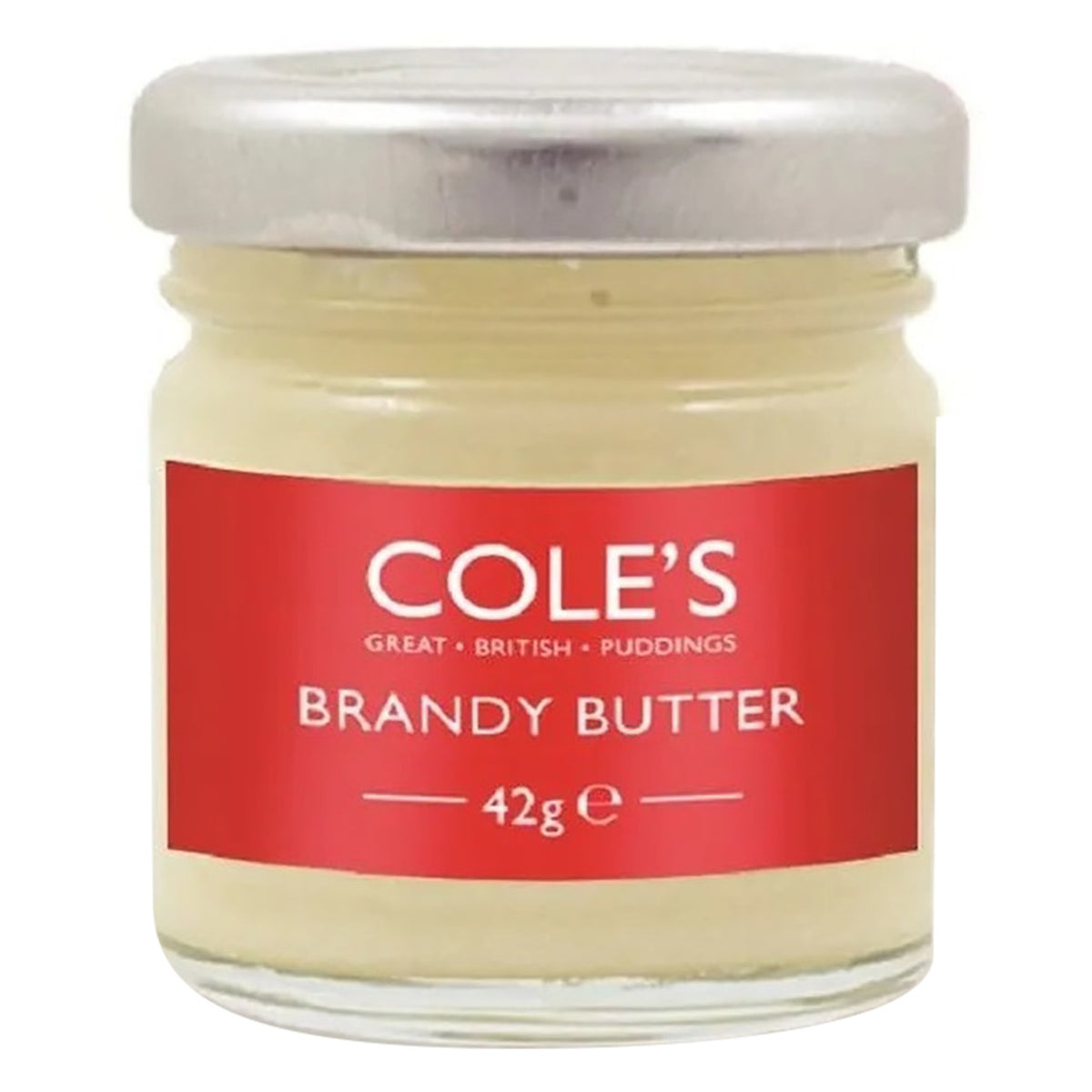 Jar of Cole's Brandy Butter with a red label on a white background