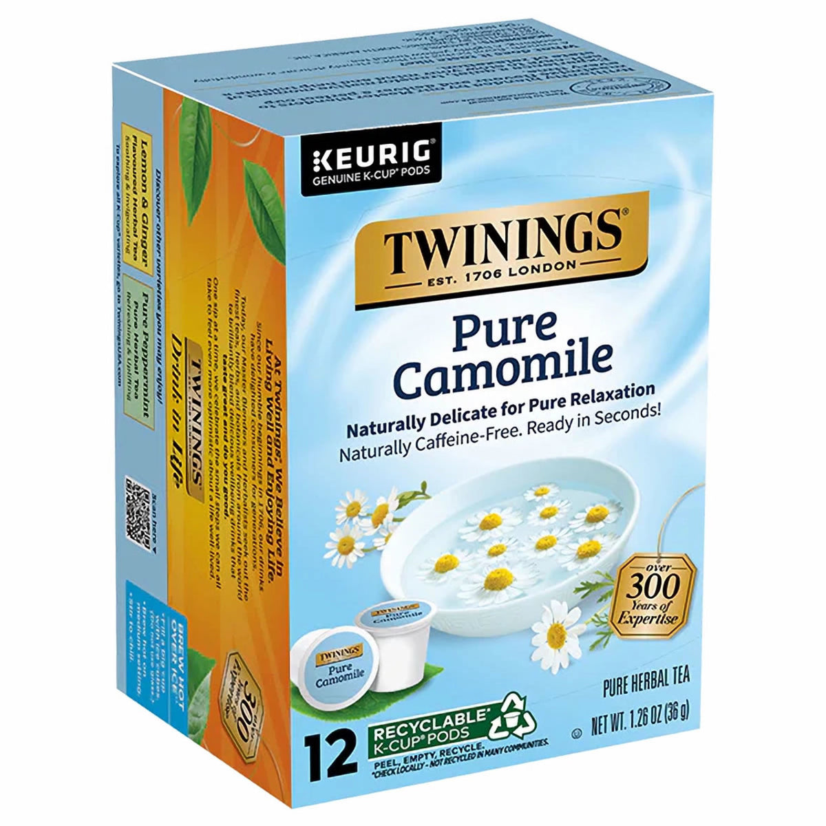 Box of Twinings Pure Camomile tea K-Cup pods with branding and product details.