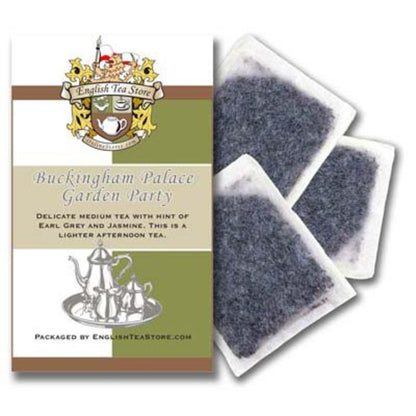 Packaging of Buckingham Palace Garden Party Tea Bags by English Tea Store with their logo and the name of the tea on the front.
