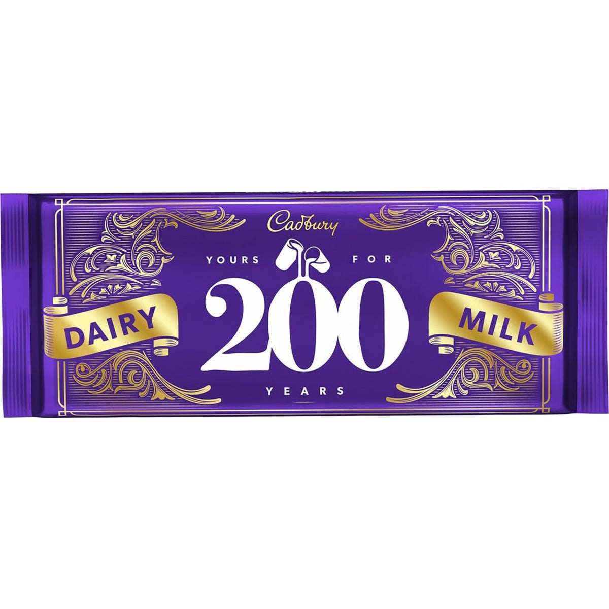 Cadbury Dairy Milk chocolate bar packaging celebrating 200 years on a white background