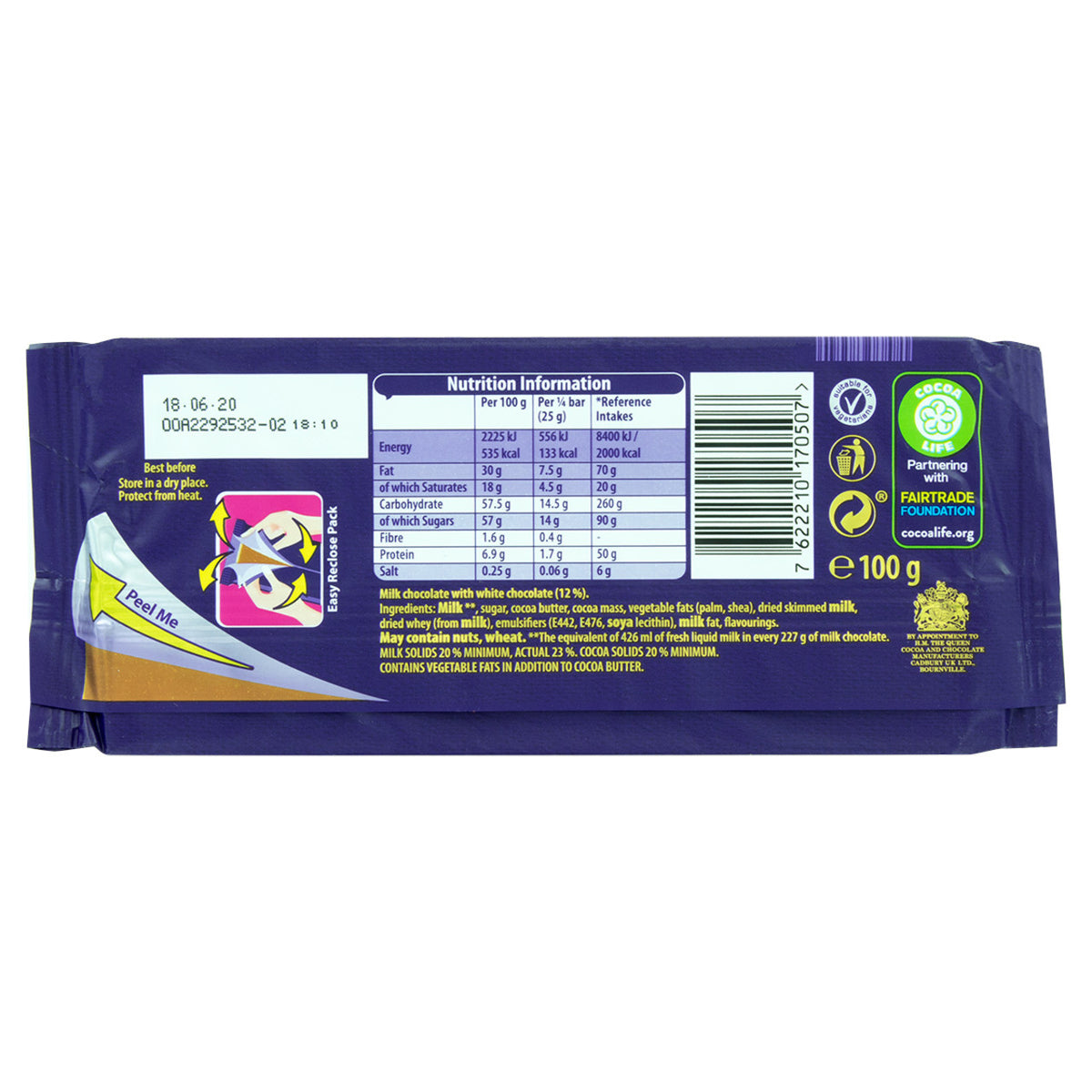 Cadbury Dairy Milk Winter Wonderland Edition chocolate bar packaging with the nutrition information printed on the package and yellow font displaying the ingredients.