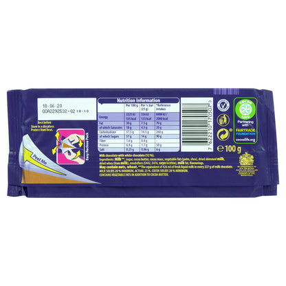 Cadbury Dairy Milk Winter Wonderland Edition chocolate bar packaging with the nutrition information printed on the package and yellow font displaying the ingredients.