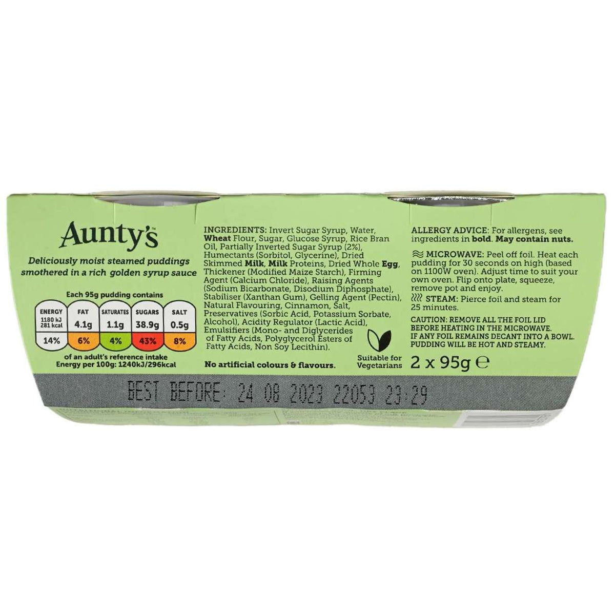 Aunty's steamed puds packaging with green label on a white background