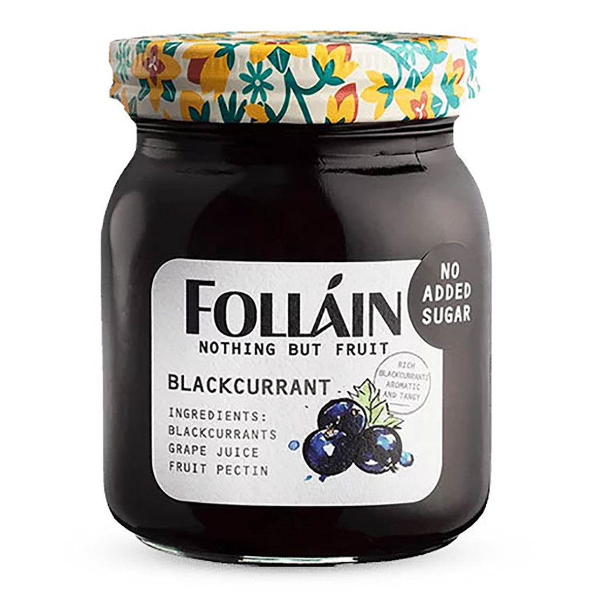 Jar of Folláin blackcurrant jam with a floral lid on a white background