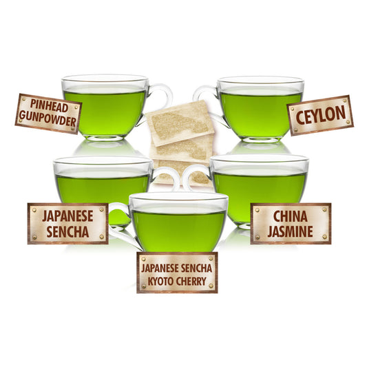 Glass teacups with vibrant green coloring to represent liquid hot tea with labels indicating different types of green tea on a white background