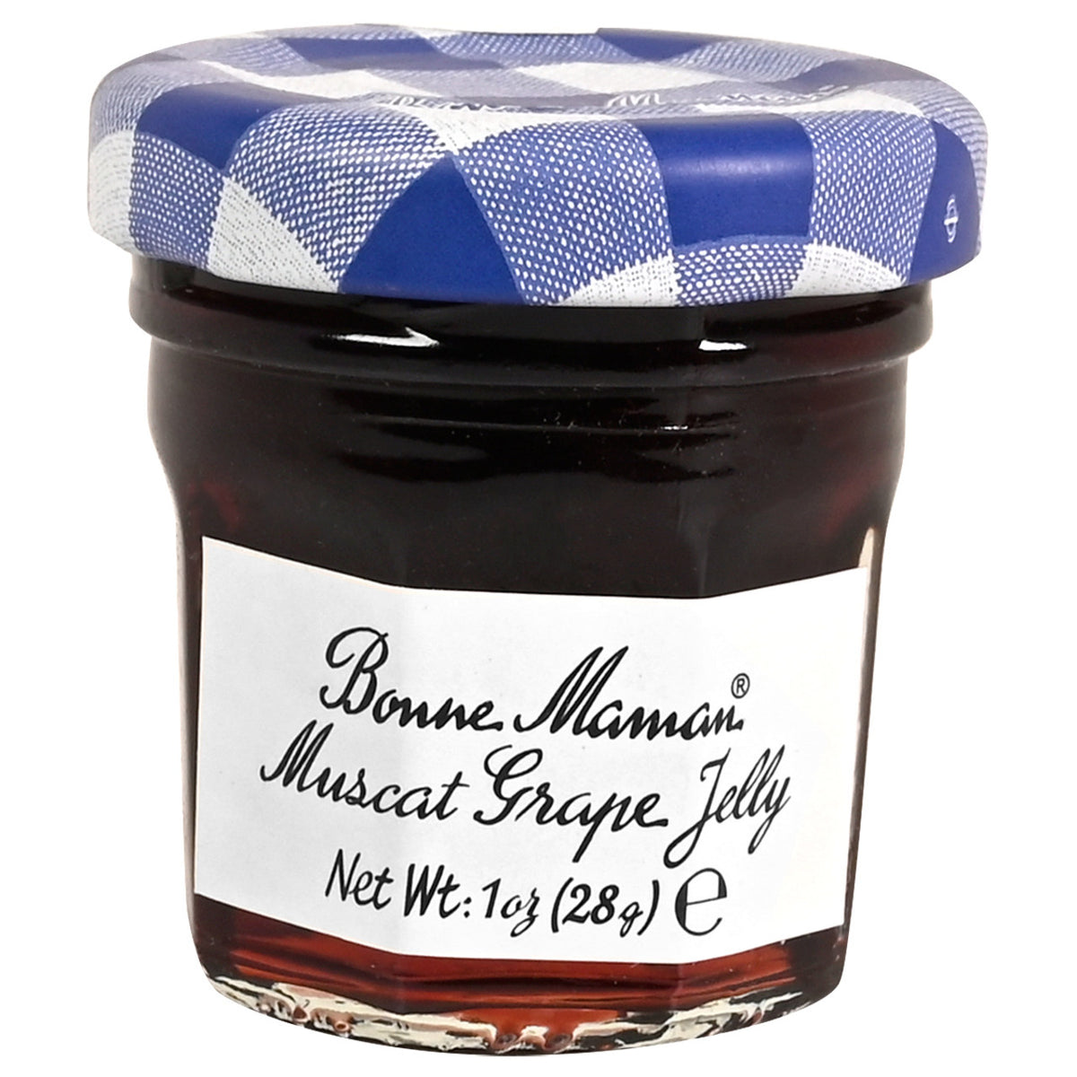 A jar of Bonne Maman Muscat Grape Jelly with a blue and white checkered lid.