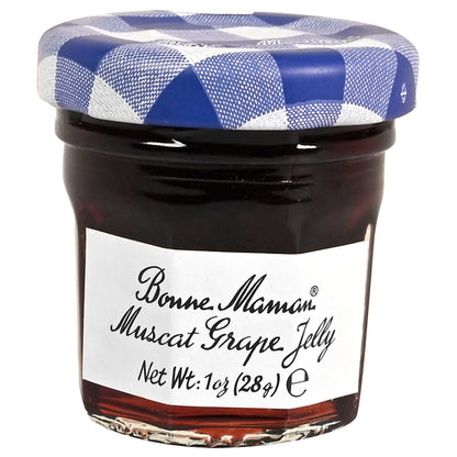 A jar of Bonne Maman Muscat Grape Jelly with a blue and white checkered lid.