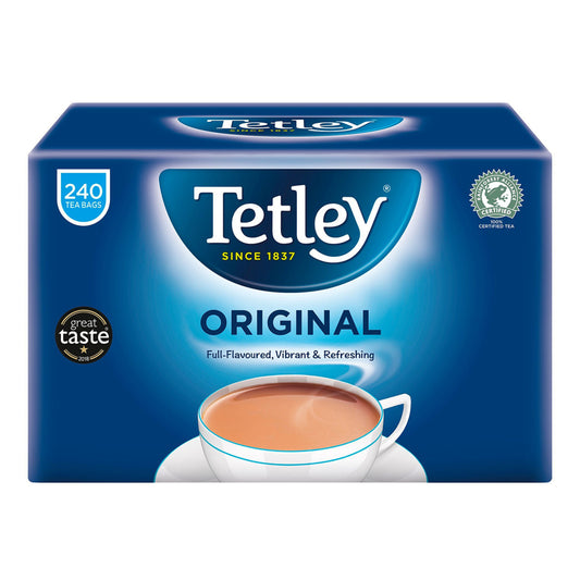 Tetley Original tea packaging with a cup of tea on a white background